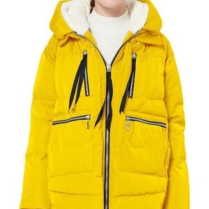 Orolay Yellow Hooded Puffer Jacket with Black Accents NWOT